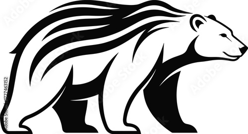 Stylized walking bear vector illustration in black and white with abstract flame-like fur lines for wildlife, tattoo, and graphic design