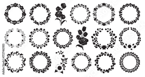 Collection of oval floral wreaths and orchid sprigs in black silhouette isolated on transparent background