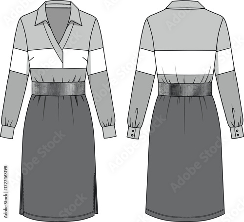 PrintFashion flat sketch, women’s long sleeve midi dress design, vector clothing template, stylish outfit drawing, modern apparel illustration, technical garment