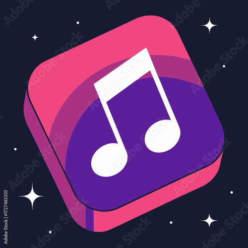 A vibrant purple and pink abstract icon featuring a white musical note against a dark, starry background, symbolizing music and sound