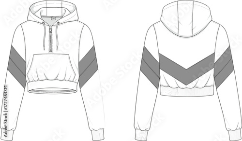 Fashion hoodie illustration, stylish cropped sweatshirt, casual sportswear design, modern women’s hoodie drawing, apparel template, clothing mockup, activewear fashion sketch