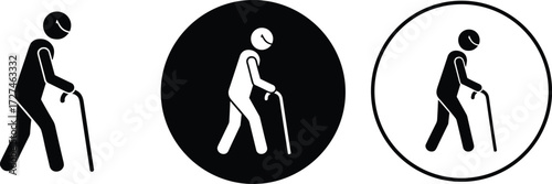 Walking cane icon vector set with accessibility silhouettes, black and white illustration, mobility aid symbol, elderly assistance graphic design
