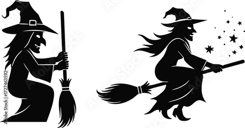 Two witch silhouettes flying and sitting on broomsticks with stars, magical Halloween fantasy vector illustration for spooky decoration and design