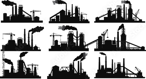 PrintIndustrial factory silhouettes set, power plant illustration, heavy industry vector, refinery buildings, smoke pollution artwork, construction cranes, manufacturing plant structures collection