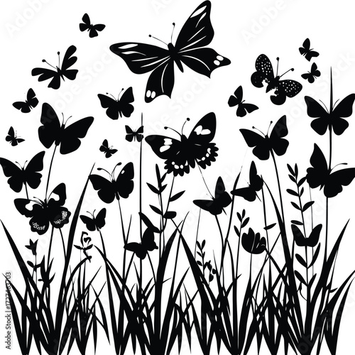 A monochrome illustration of butterflies fluttering above a field of tall grass