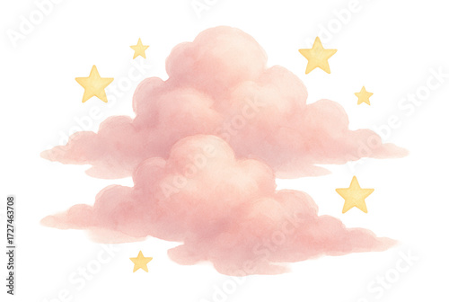 Watercolor pink clouds with yellow stars.
