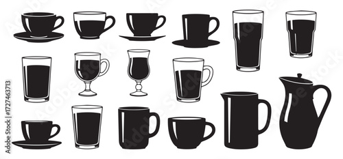 Collection of various coffee cups mugs and glasses in silhouette isolated on transparent background