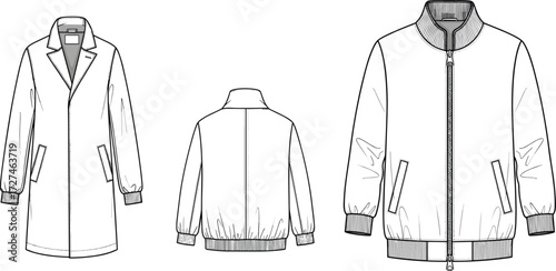 PrintJacket fashion sketch, coat illustration, outerwear design, technical drawing, apparel template, clothing flat sketch, casual jacket, trench coat, fashion vector