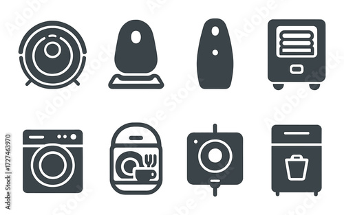 Set of household appliance icons: vacuum, air purifier, dishwasher, washing machine