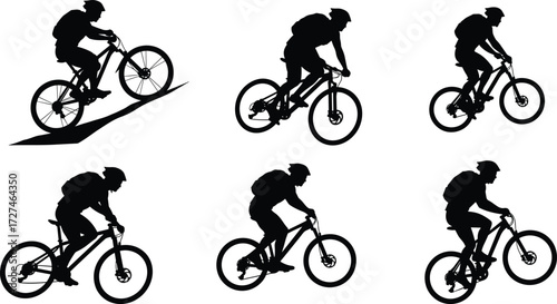 PrintMountain biker silhouette, cycling uphill, outdoor adventure, extreme sports illustration, downhill biking, endurance training, bicycle rider, fitness sport, challenging terrain, travel vector