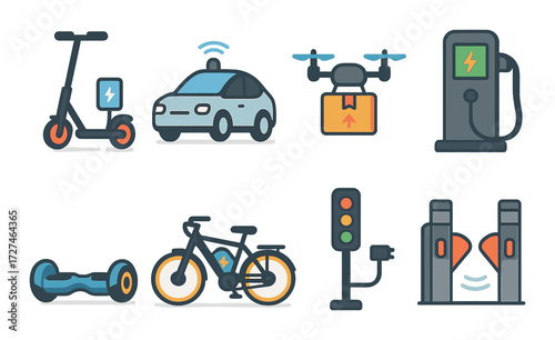 Electric urban transport icons: scooter, car, drone, bicycle, fuel pump, traffic light