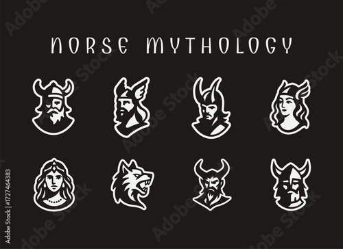 Norse Mythology Logo and Illustration Bundle, Odin Loki Freya Valkyrie Fenrir Heimdall Surtur Logo Set, Viking Gods and Creatures Vector Collection, Norse Deity and Monster Mascot Logos