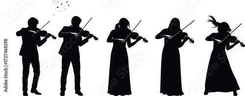 PrintMusician silhouettes, violin players, orchestra performance, classical music concert, elegant violinists, instrumental art, symphony illustration, artistic vector, live stage performance, harmony
