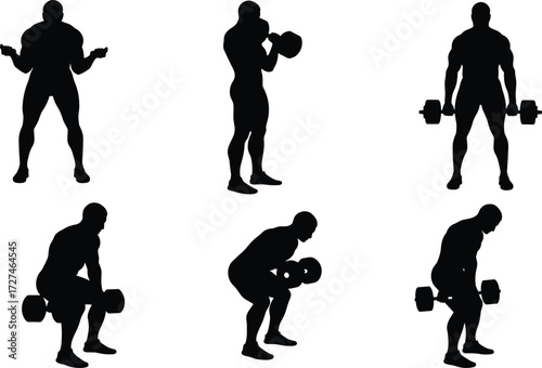 PrintSilhouette bodybuilding dumbbell exercises, gym workout poses, fitness training vector, muscular man weightlifting illustration, powerlifting design, strength workout art, exercise graphic