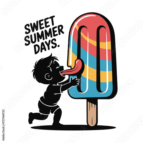 Silhouette of a child licking a giant rainbow popsicle with the text sweet summer days isolated on white background technology background