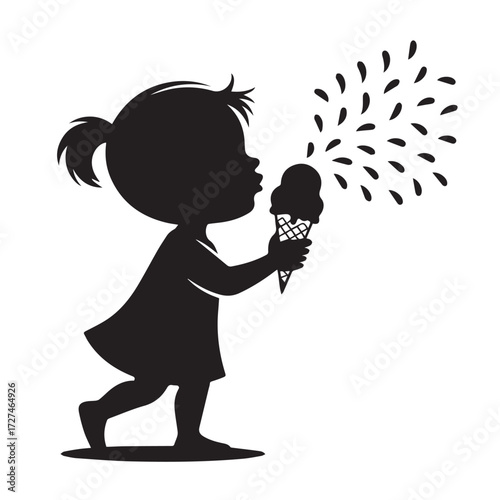 Silhouette of a little girl blowing on an ice cream cone, with ice cream splattering isolated on white background technology background