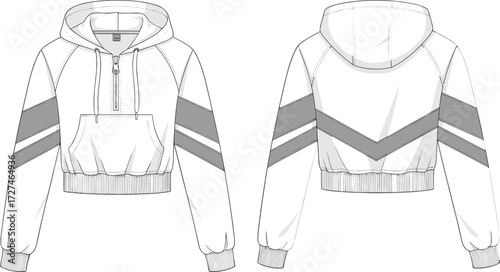 PrintTrendy cropped hoodie illustration, casual fashion sweatshirt template, modern women’s sportswear design, stylish pullover drawing, activewear apparel mockup, clothing fashion sketch