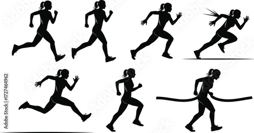 PrintWoman running silhouette, female sprint, athlete training, fitness exercise, sports competition, marathon runner, track race, healthy lifestyle, cardio workout, victory finish