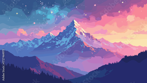 Chrome mountain range, peaks reflecting a pastel galaxy sky with lens flare stars