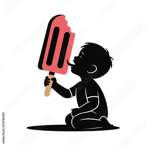 Silhouette of a young boy kneeling and licking a large pink popsicle isolated on white background technology background