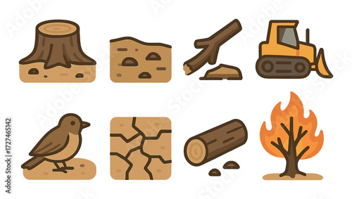Deforestation and environmental impact icons: stump, soil, bulldozer, bird, log, fire