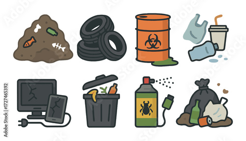Environmental pollution icons: waste, hazardous materials, recycling, and contamination