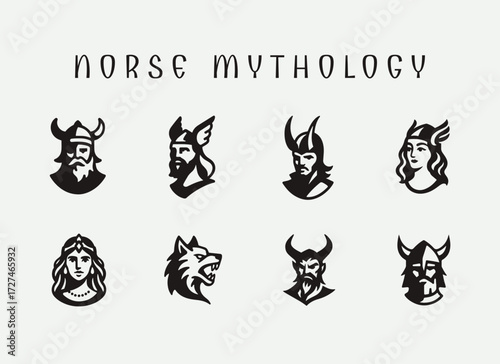 Norse Mythology Logo and Illustration Bundle, Odin Loki Freya Valkyrie Fenrir Heimdall Surtur Logo Set, Viking Gods and Creatures Vector Collection, Norse Deity and Monster Mascot Logos, Ancient Mytho