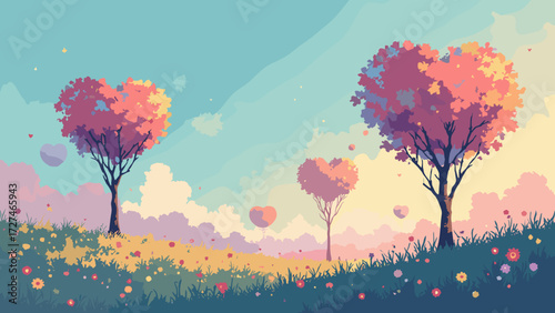 Dreamscape meadow filled with balloon-like trees shaped like retro heart icons