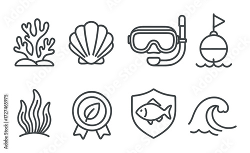 Set of marine icons: coral, shell, snorkel, buoy, seaweed, badge, fish, wave
