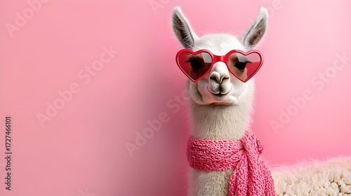 Funny llama wearing heart sunglasses on pink background. charming and cool animal concept for valentine love