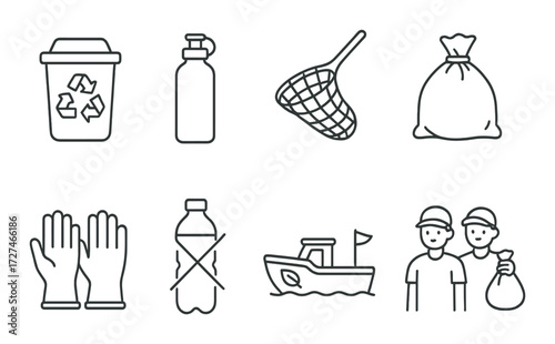 Environmental conservation symbols: recycling, cleanup, waste management, sustainable practices