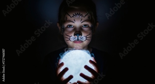 Child with cat facepaint holds a glowing orb in dark space. Perfect for mystical, fantasy, halloween, or catthemed designs.