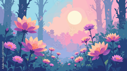 Pastel jungle of oversized flowers with holographic petals bending toward prism sun