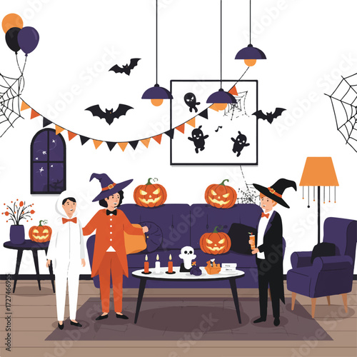 Halloween party guests in costumes gather in a living room, adorned with jack-o'-lanterns, cobwebs, and bats, admiring the spooky ambiance in this 2D vector illustration.