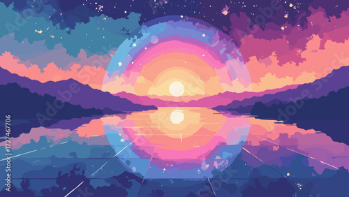 Infinite glass plain reflecting a surreal rainbow grid sunset