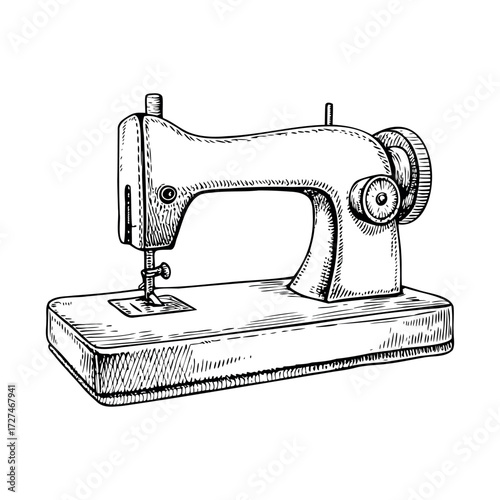 Sewing machine illustration in vintage monochrome style