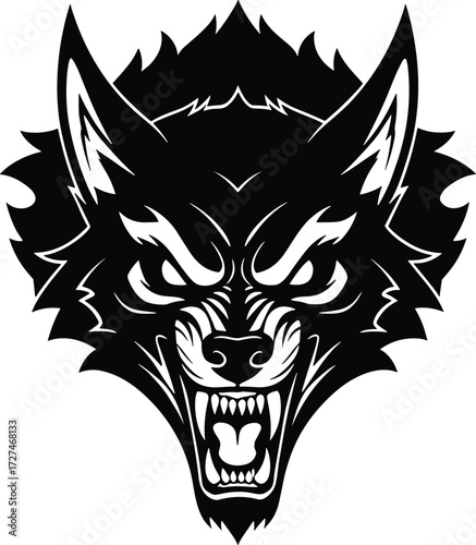 Aggressive wolf head illustration with sharp teeth, fierce eyes, wild animal design, black and white vector artwork for tattoo, logo, mascot