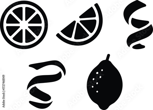 Black silhouette set of citrus fruit slice, wedge, spiral peels, and whole lemon, vector for culinary and decorative use