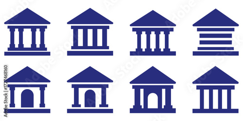 Set of classical building icons with bank, courthouse, museum, and government architecture designs representing institutions and finance