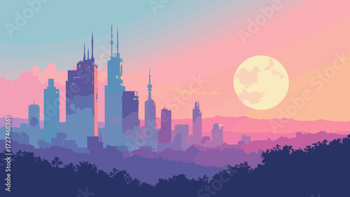 Retro skyline of abstract prisms and spheres against a pastel gradient dusk