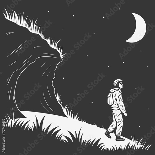A lone hiker walks along a grassy path at night, under a crescent moon and starry sky, with a cliff face to the left