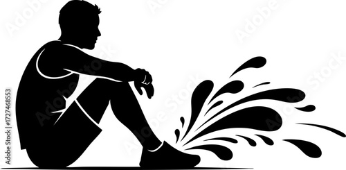 Active man resting after strenuous workout, feeling refreshed with dynamic water splash symbolizing energy and vitality