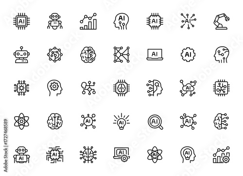 Artificial intelligence and machine learning line icons set — 35 minimalist vector symbols of AI chip, robot, neural network, data analytics, and automation technology
