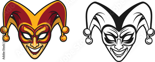 Colorful jester face and black white clown mask illustration, carnival joker character vector artwork for festival, comedy, entertainment design