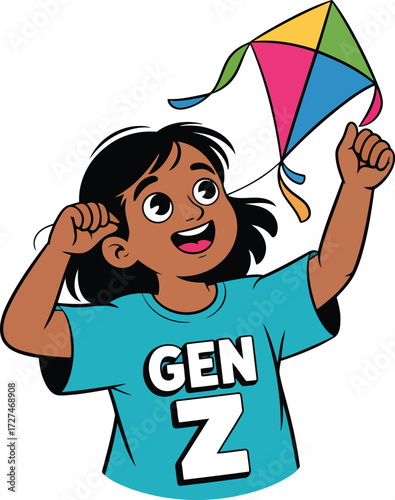 Cartoon Girl Flying Kite  Wearing Generation Z Shirt
