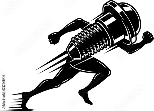 Dynamic spark plug character propels forward with speed lines, embodying rapid progress and energetic innovation for automotive and tech concepts.