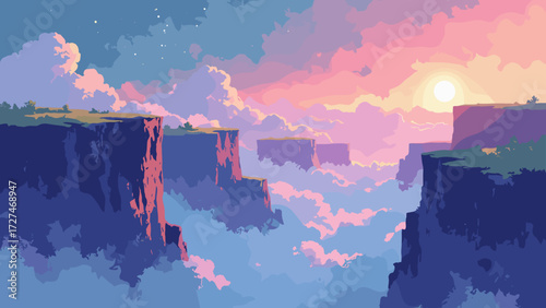 Infinite stair-like cliffs climbing into a holographic cloud field