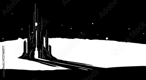 Futuristic cityscape silhouette against a starry night sky, evoking wonder and advanced civilization, perfect for sci-fi themes and visionary concepts.