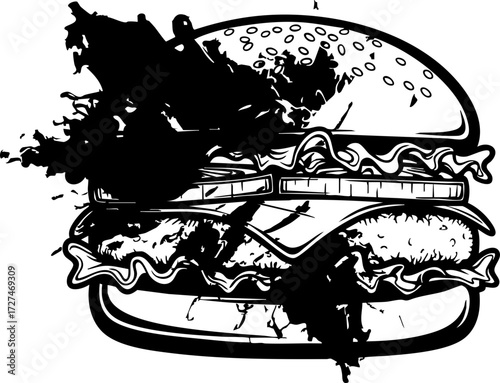 Bold grunge burger art bursting with flavor, perfect for edgy restaurant branding and vibrant menu designs.