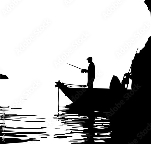 Serene silhouette of lone angler casting line from boat into calm water at dawn, embodying peaceful pursuit and outdoor adventure.